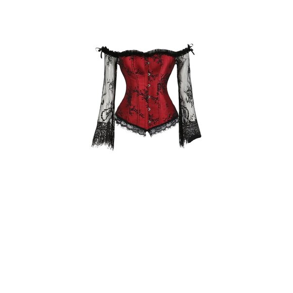 Unbranded Tops - Gothic Red & Black Lace Off-Shoulder Corset Top Bell Sleeves Bustier Blouse 7XL